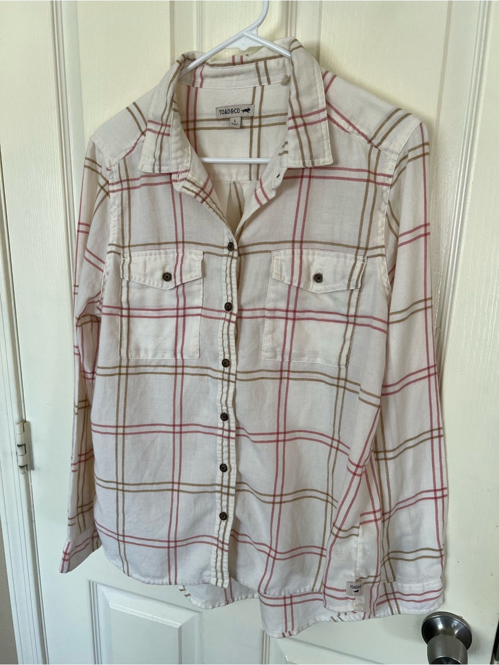Toad&Co Re-Form Flannel Plaid Shirt Cream Pink Tan Size Large - Picture 8 of 10